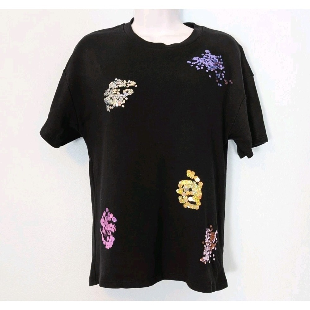 Zara Trafaluc Sequined Top Women's Small Black Bling Short Sleeve Soft Cotton